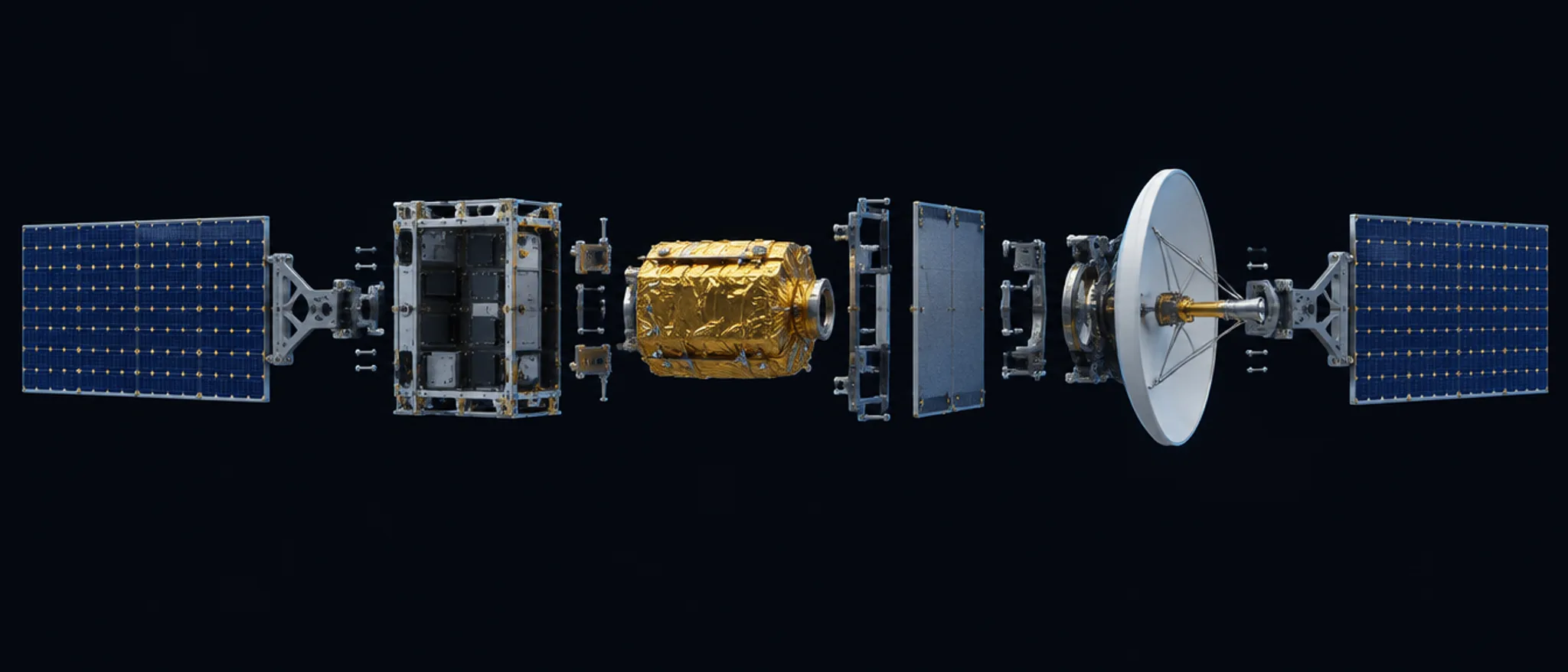 Satellite assembly separated into its discrete components in a precise exploded view
