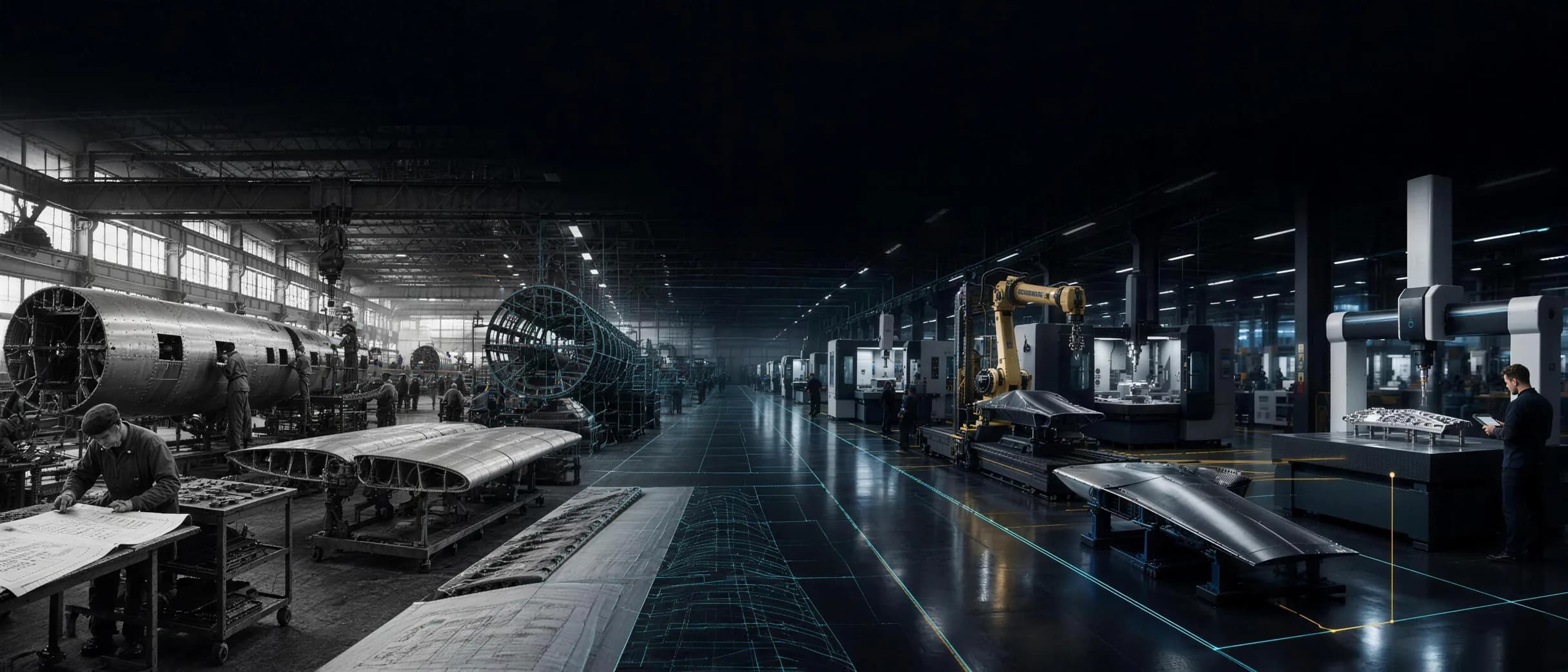 A 1940s aircraft factory floor on the left transitioning into a modern digitally coordinated aerospace production network on the right