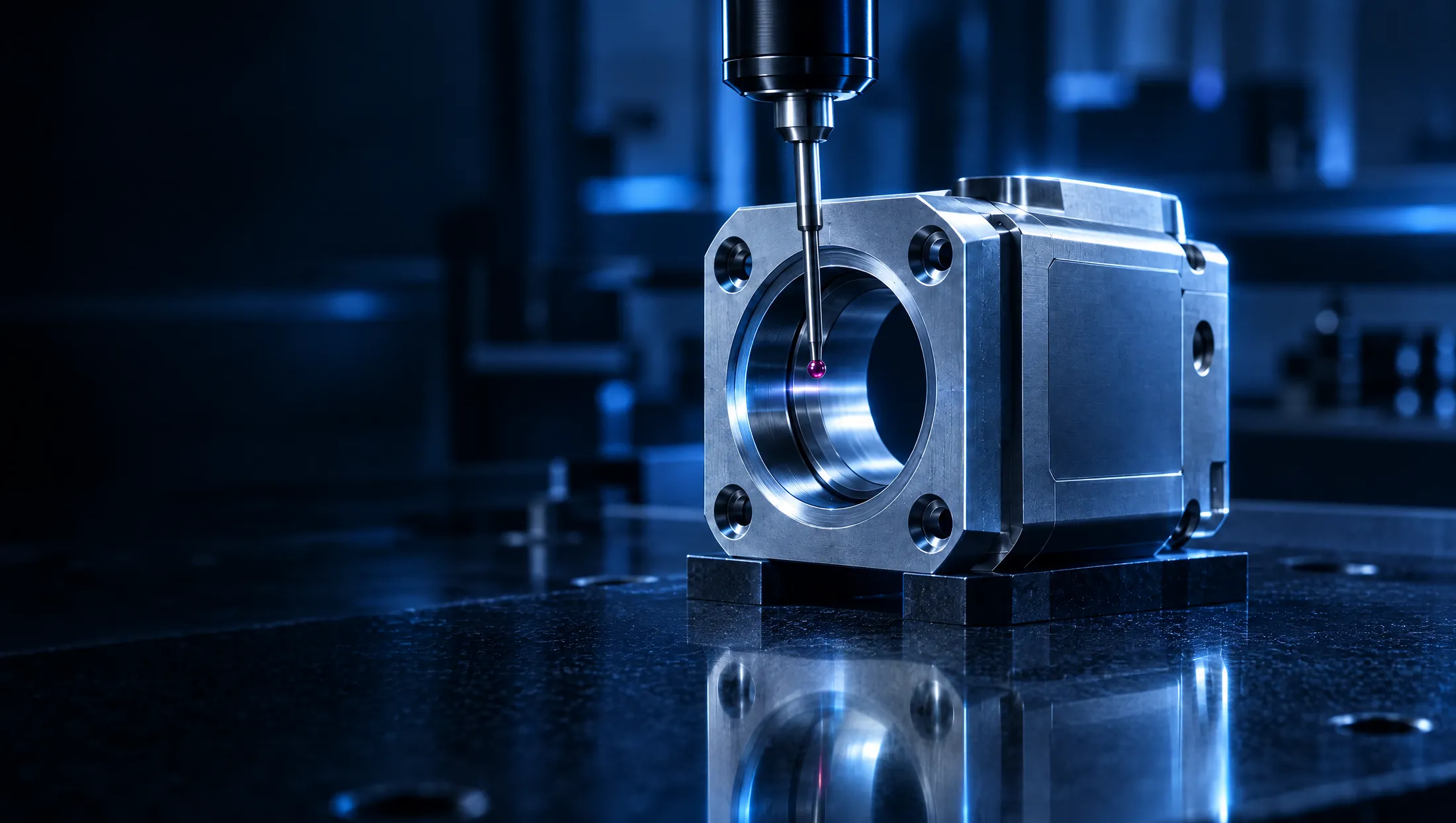 A coordinate measuring machine probe checking the bore of a machined housing.
