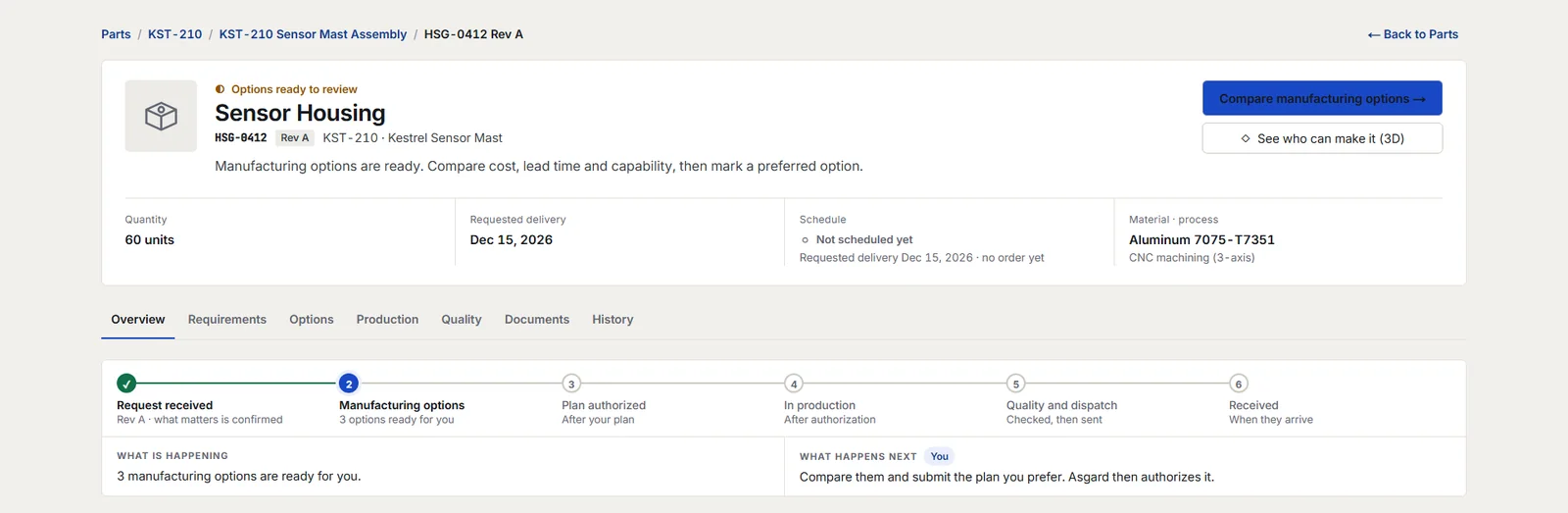 Buyer workspace for the HSG-0412 sensor housing with the six-stage order tracker.
